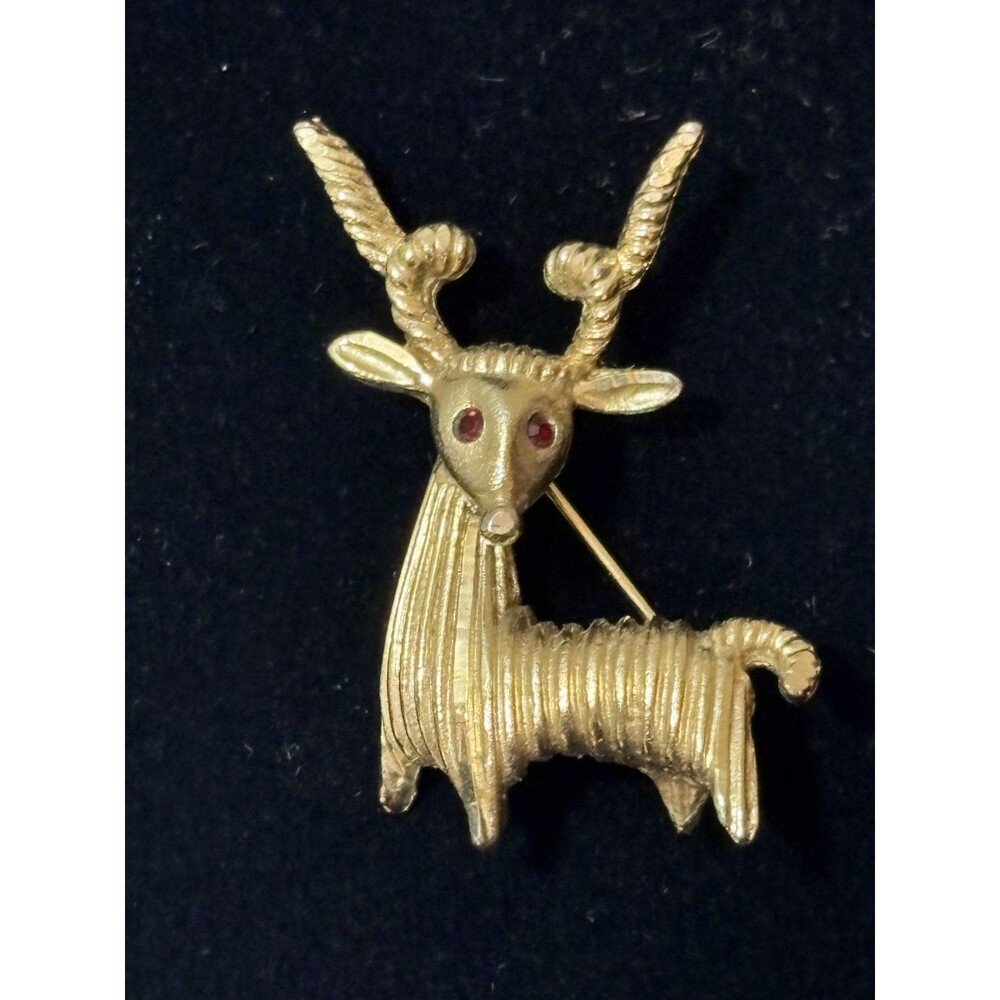 Vintage BSG Antelope Brooch Goldtone  Red Rhinestone Eyes BSG